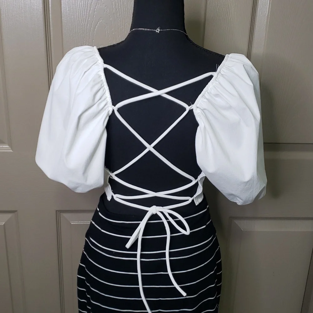 NWO Zara White Puff Sleeve Ruched Blouse Lace Up Open Back Top Size Large